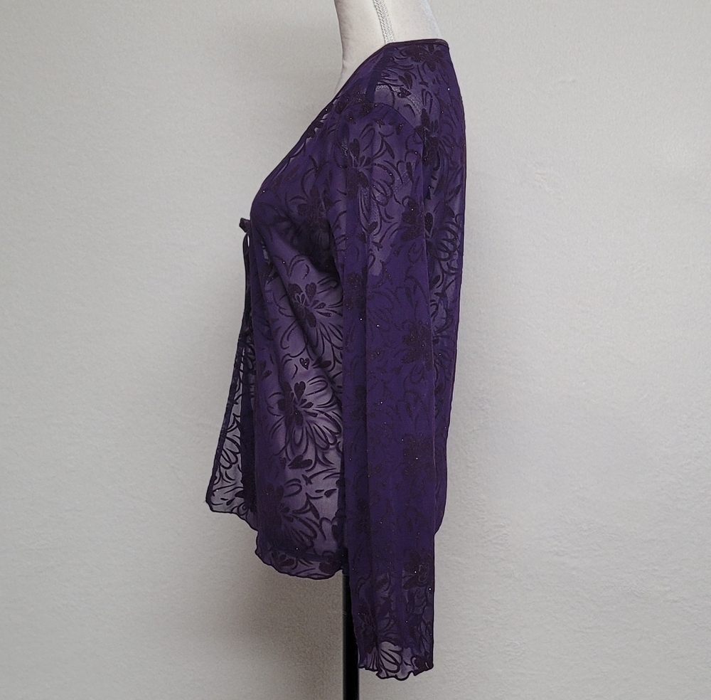 Goth Vintage 90s Sheer Purple Silver Metallic Floral Velvet Tie Front Cardigan L - Picture 6 of 11